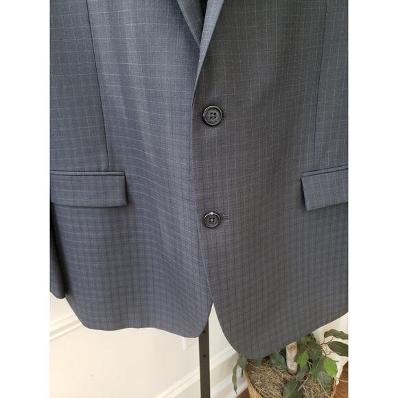 Egara Blazer Jacket Men 54L Navy Wool Check Single Breasted Notch Lapel Slim Fit - Picture 11 of 14